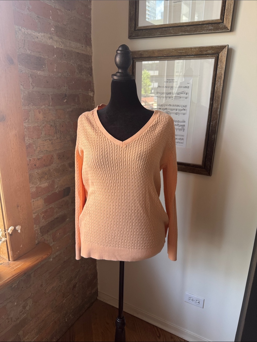 Lands' End Peach Cable V-Neck Sweater